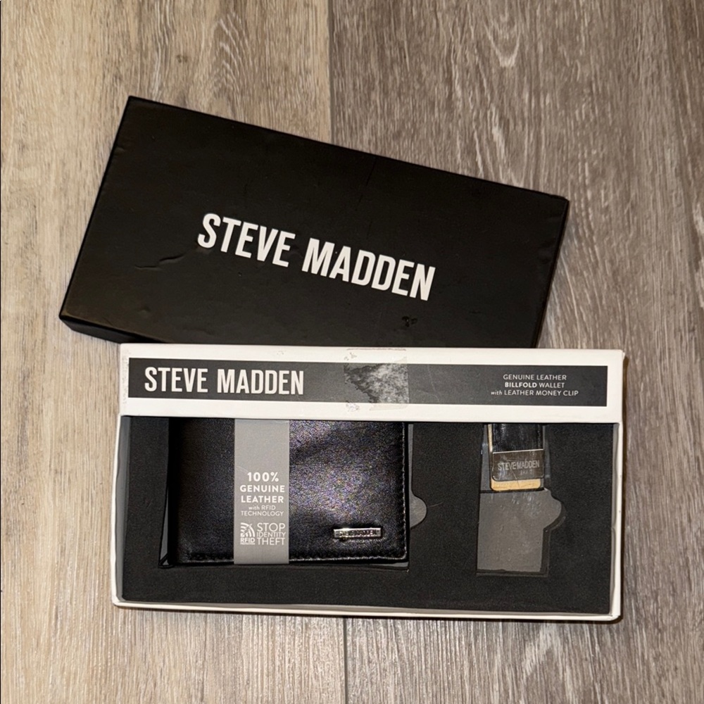 Steve Madden Black Wallet & Money Clip Sleek Design RDIF Genuine Leather